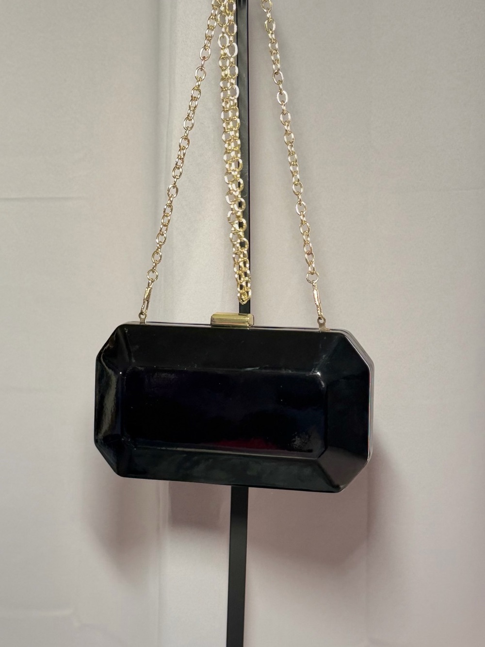 Black Patent Hardcase Clutch with Gold Chain Strap - Evening Wristlet